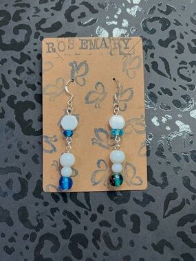White and Blue Beaded Dangle Earrings -